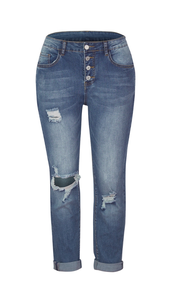 Distressed Skinny Fit Raw HemButtons Ripped Jeans