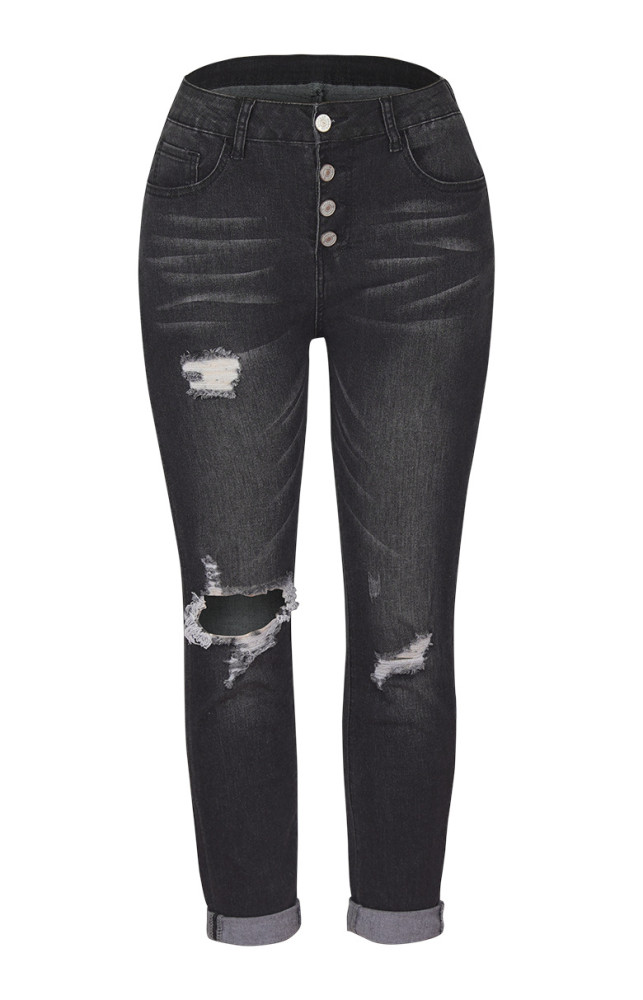 Distressed Skinny Fit Raw HemButtons Ripped Jeans