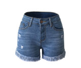 Ripped Tasseled Hem Denim Shorts