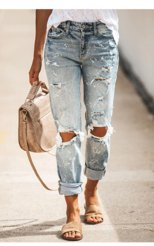 Stretch Washed Ripped Straight Tube Street Style Denim Pants
