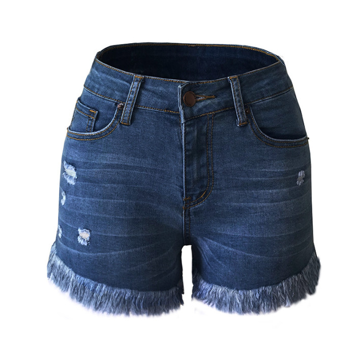 Ripped Tasseled Hem Denim Shorts