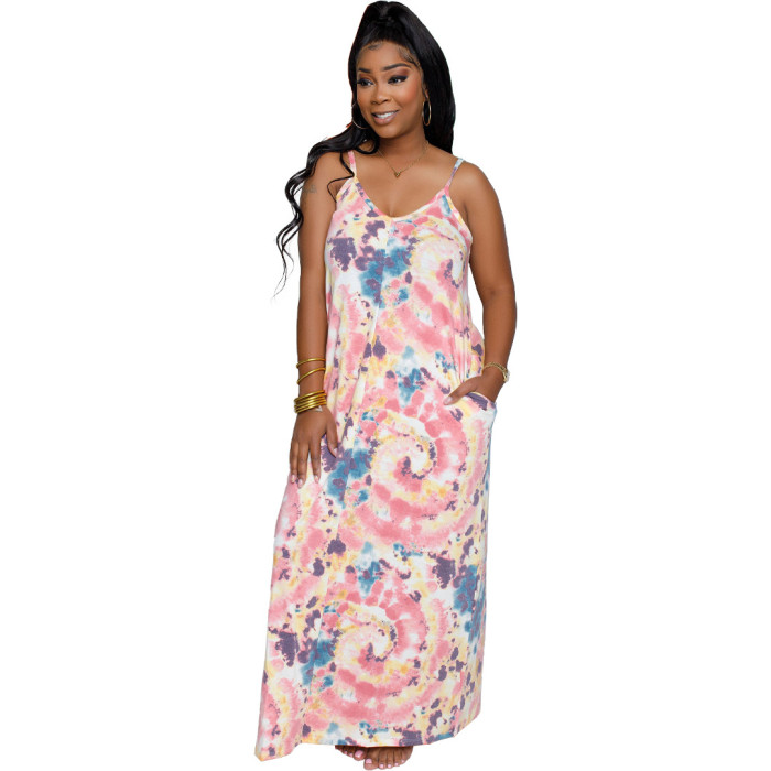 Tie Dye Loose Maxi Sundress With Pocket