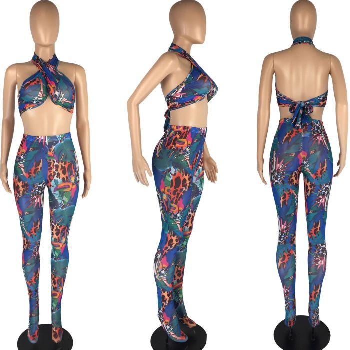 Tie Dye Print Sexy Bra Top 2 Piece Pant Set