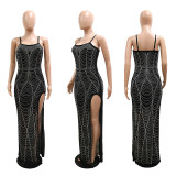 Summer Sexy Straps Rhinestone Slit Long Dress