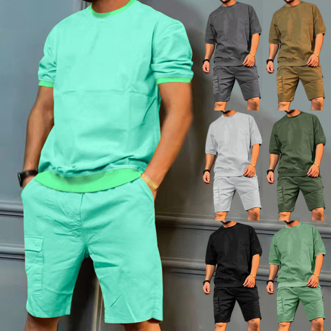 Men's Work Clothes Multi Pocket Capris Casual Short Sleeved Shorts Set