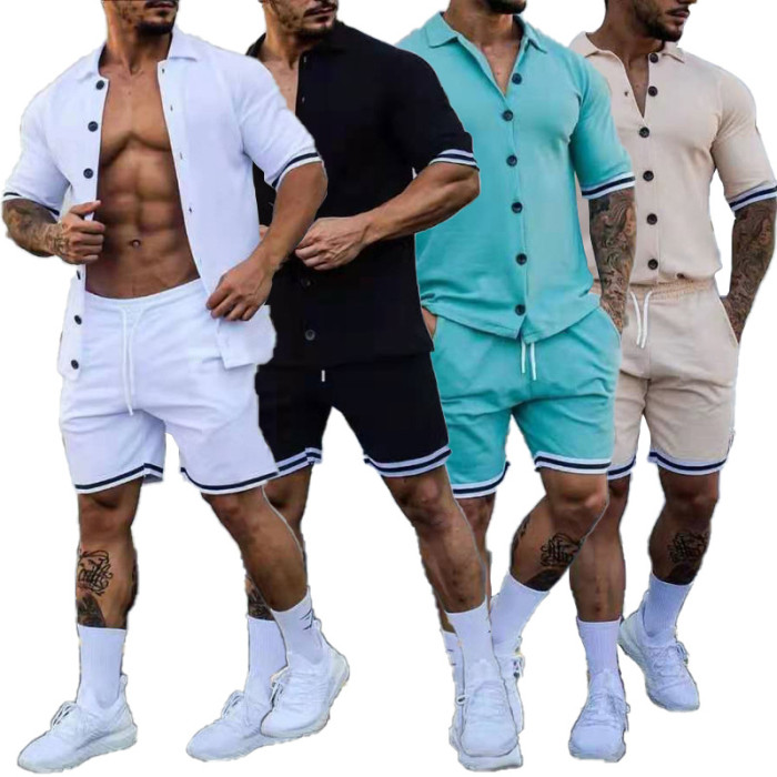 Men's Solid Color Lapel Button Short Sleeve Shirt Shorts Set