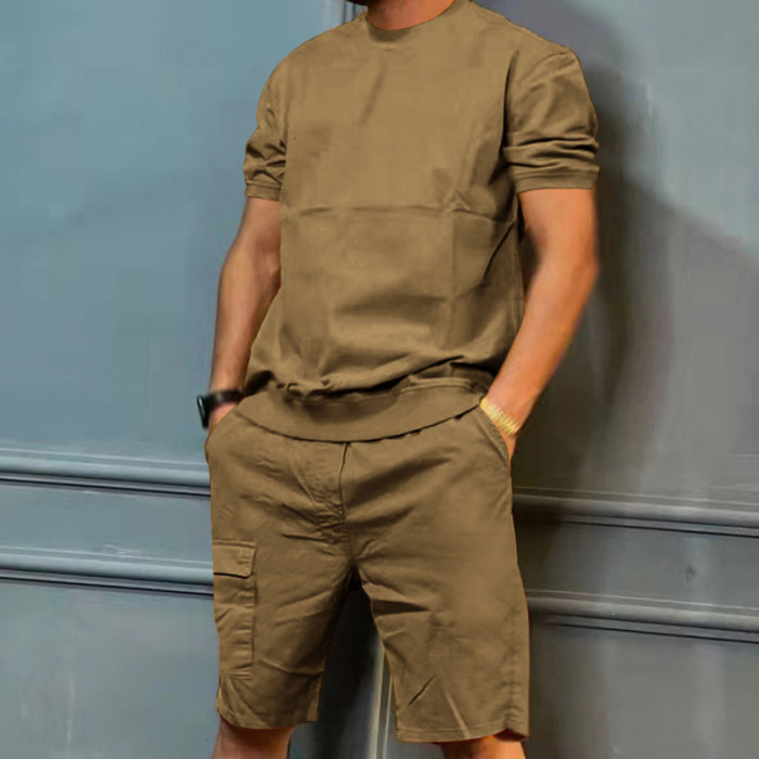 Men's Work Clothes Multi Pocket Capris Casual Short Sleeved Shorts Set