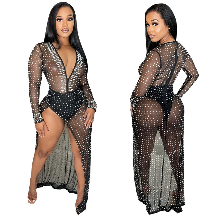 Sexy See Through Deep V-neck Split beaded Dress With Underwear