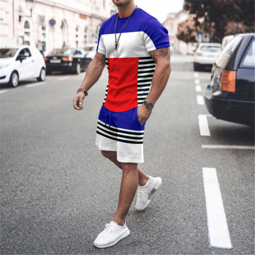 Men's Short Sleeved Stripe Color Matching Sportswear Suit