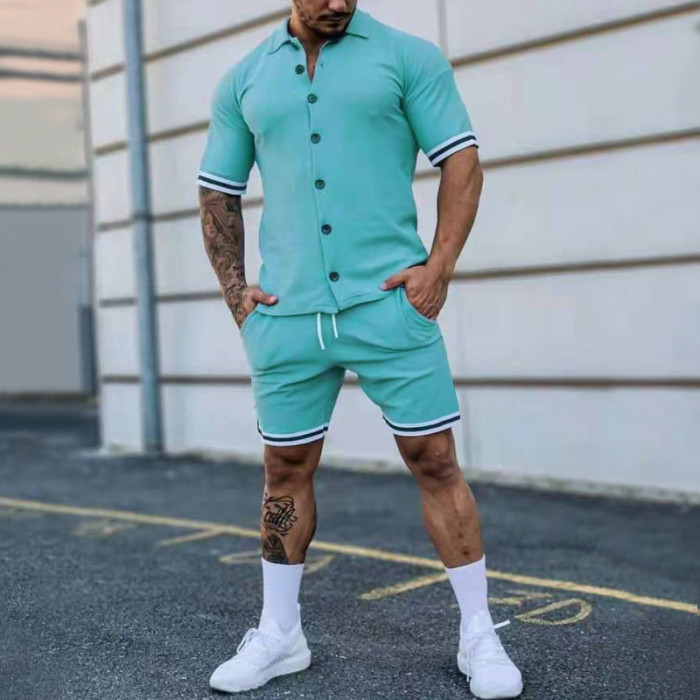 Men's Solid Color Lapel Button Short Sleeve Shirt Shorts Set