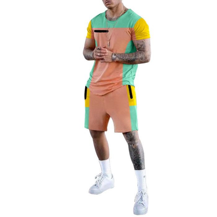 Men's Sports Short Sleeve Round Neck Casual Color Matching T-shirt and Shorts Set