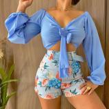 Long Sleeve Crop Top 2 Piece Short Suit