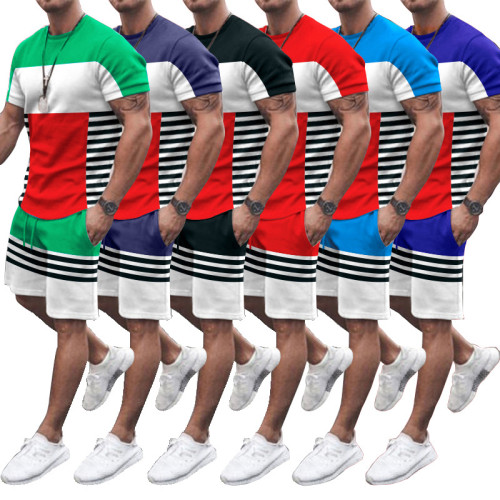 Men's Short Sleeved Stripe Color Matching Sportswear Suit