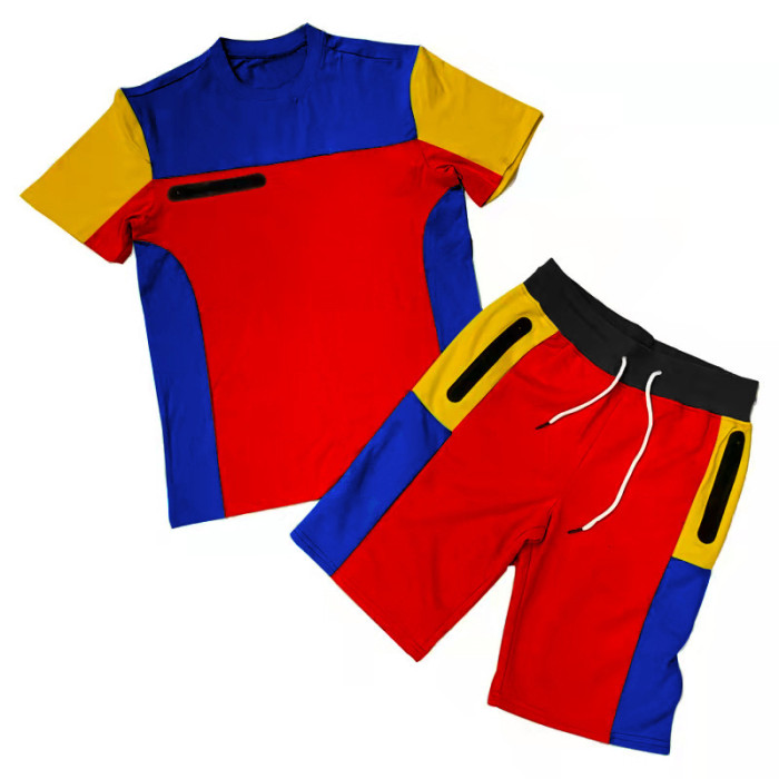Men's Sports Short Sleeve Round Neck Casual Color Matching T-shirt and Shorts Set