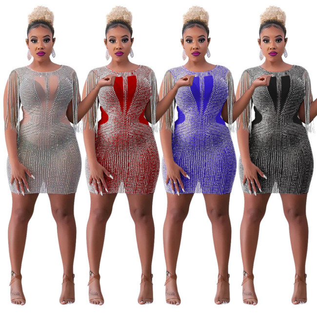 Sexy Fringed Hot Drill Handwork See-Through Bodycon Dress