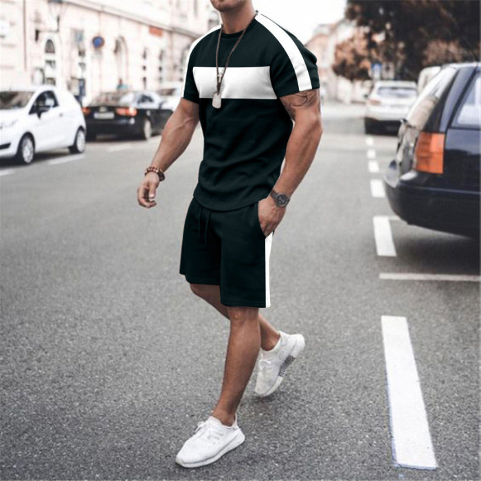 Men's Leisure Sports Short Sleeve Special Stitching T-shirt and Shorts Set