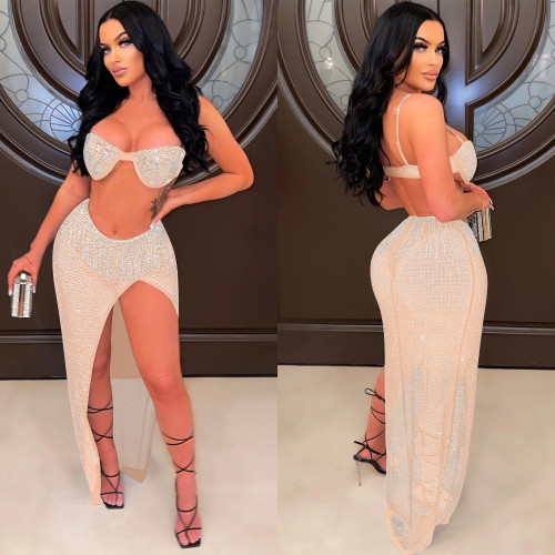 Crystal Sexy Bra Top And Slit Skirt Set