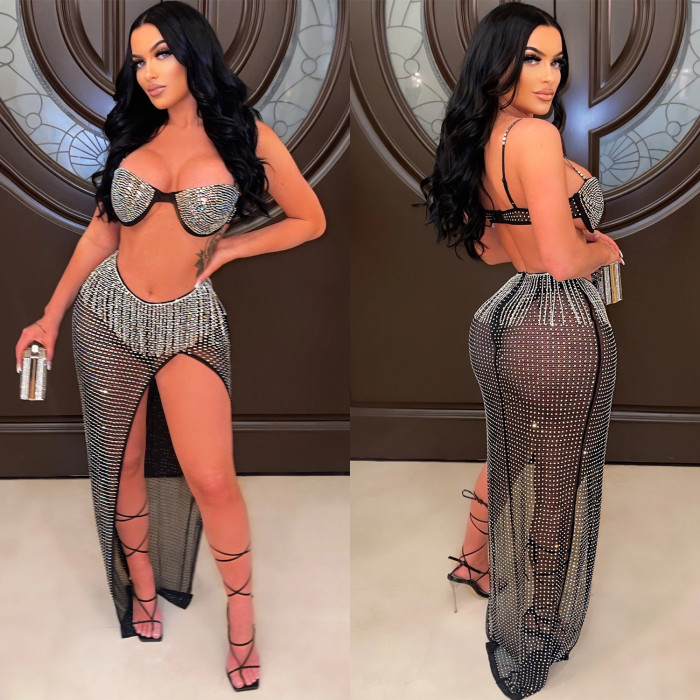 Crystal Sexy Bra Top And Slit Skirt Set