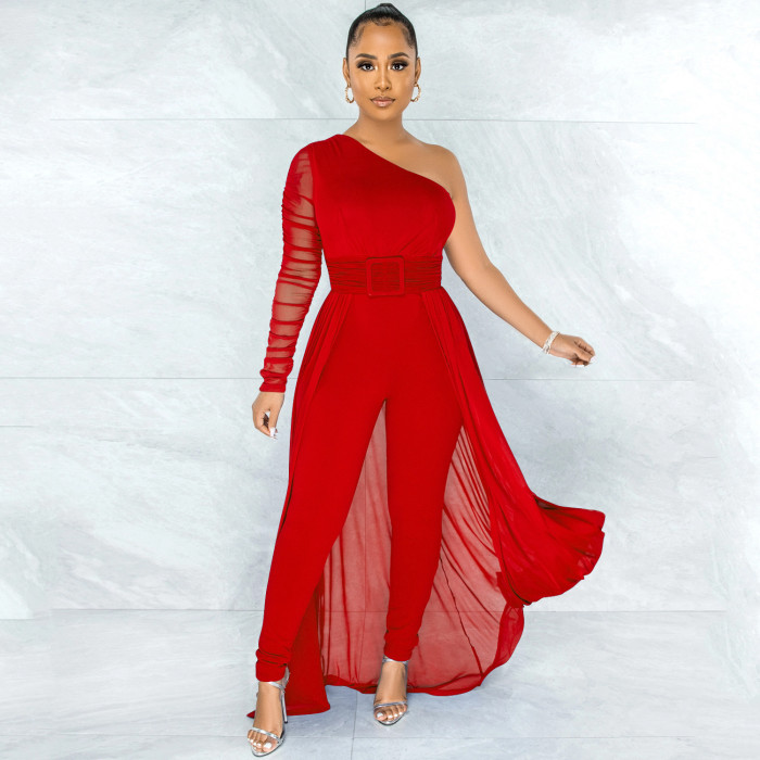 Mesh Cover One Shoulder Sexy Jumpsuit