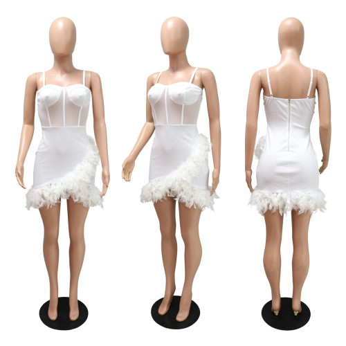 Mesh Patchwork White Club Dress With feather
