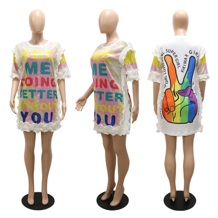 Letter Print Casual Sequin T Shirt Dress