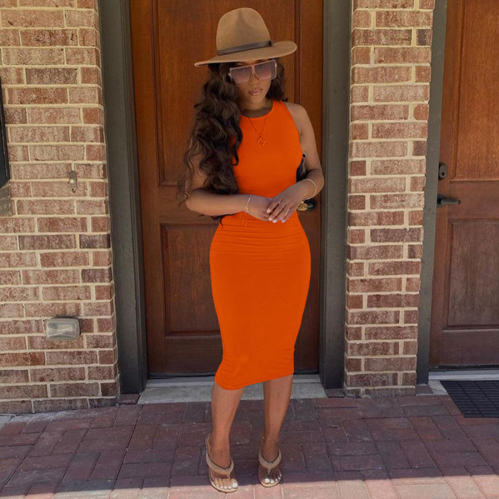 Casual Solid Color Sleeveless Midi Dress