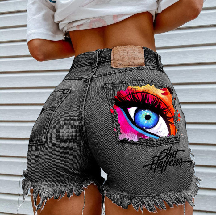 Eye Printed Denim Shorts