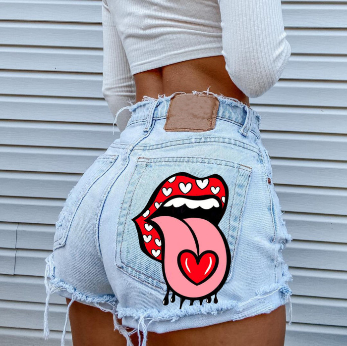 Tongue Printed Denim Shorts