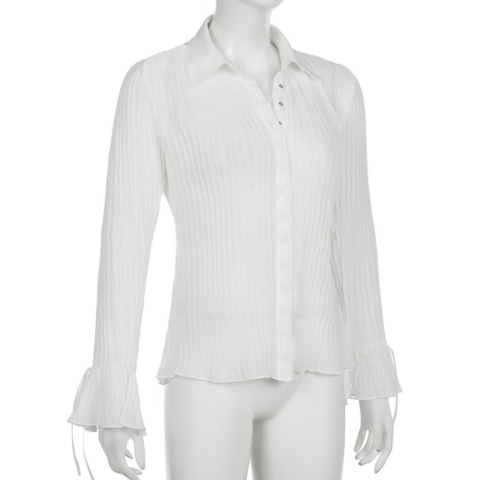 Button Flared Pleated Long Sleeved Vintage Shirt