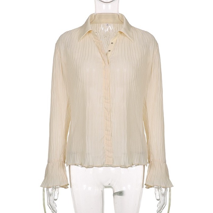 Button Flared Pleated Long Sleeved Vintage Shirt