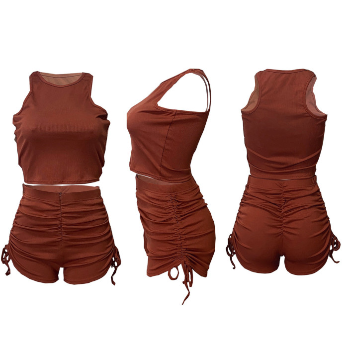 Thread Round Neck Vest Shorts Pleated Casual Two-piece Set
