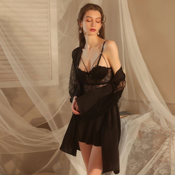 Lace Backless Bra suspender Babudoll Robe suit