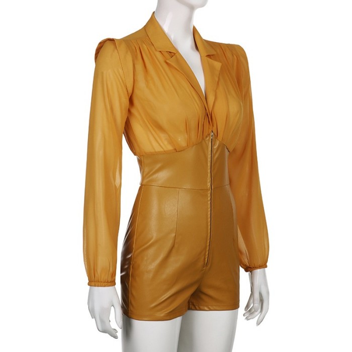 Solid Color Stitched PU Leather Waist Lapel Deep V Long Sleeve Chiffon Top Rompers