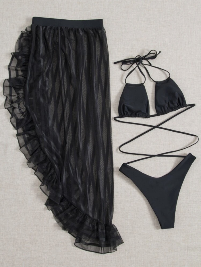 Black Long Skirt Mesh Three Piece Swimsuit