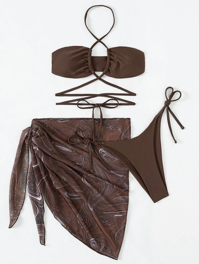 Lace Up Skirt Mesh Three Piece Suit Swimsuit Bikini