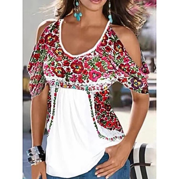 Women's Loose V-neck Print Cut Out Shoulder Short Sleeve T-Shirt