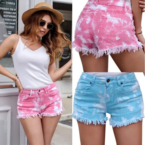 Medium Waist Light Washed Tie Dyed Tassel Denim Shorts