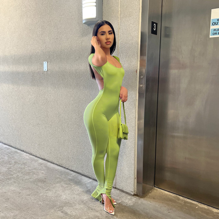 Sexy Solid Color Backless Slit Flare Jumpsuit