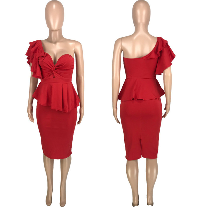 Elegant One Shoulder Ruffled Slit Peplum Dress
