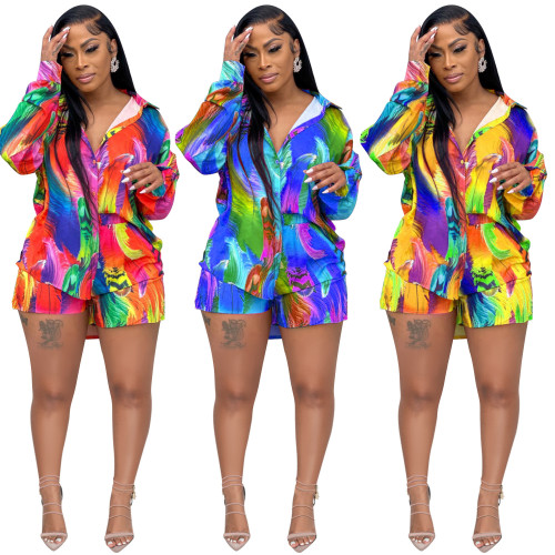 Printed Casual Style Long Sleeved Shorts Two Piece Set