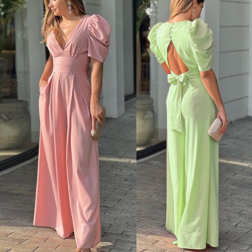 Sexy V-neck Backless Slim Fit Lace Up Wide Leg Jumpsuit