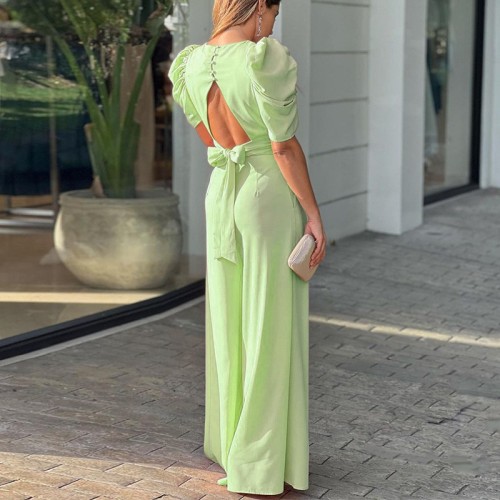 Sexy V-neck Backless Slim Fit Lace Up Wide Leg Jumpsuit