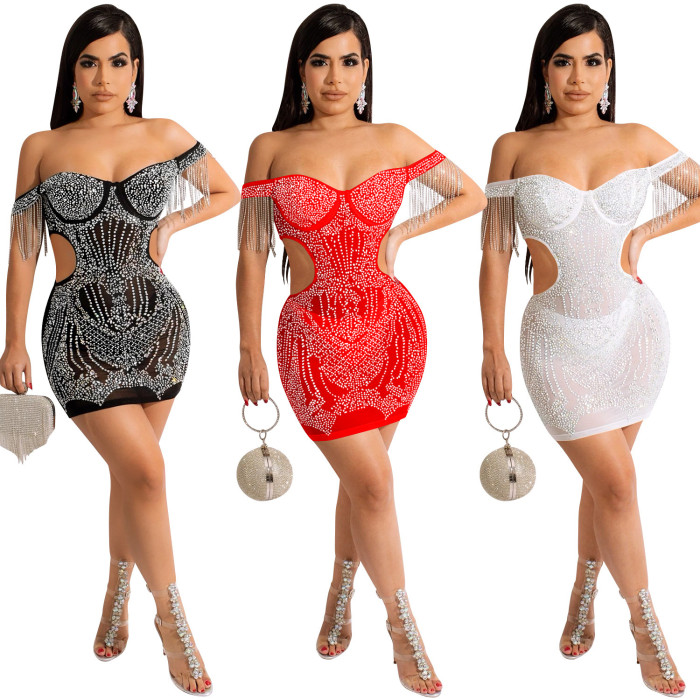 Mesh perspective Flat Shoulder Tassel Wrapped Chest Hollowed Out Dress