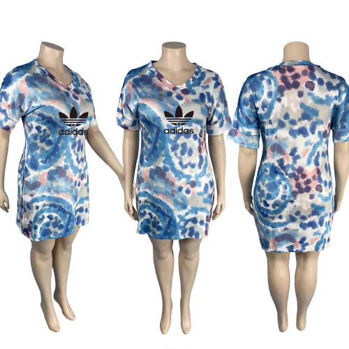 Plus Size Tie Dyed Short Sleeved Printed Dress