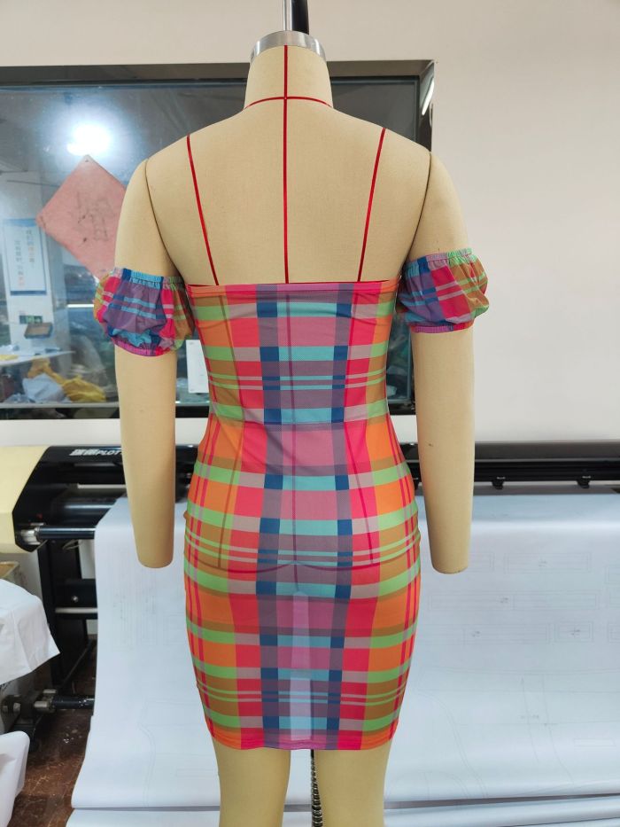 Mesh Plaid Color Blocking Print Short Sleev Off shoulder Dress