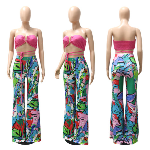 Women's V-neck Strapless Printed Wide Leg Pants Casual Suit