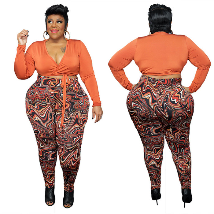 Plus Size Fashion Casual V-Neck Tight Top + Pants Tight Two-piece Set 
