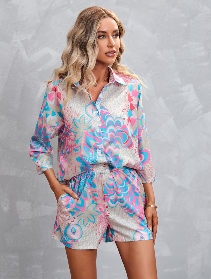 Printed 3 / 4 Sleeve Shorts Casual Suit