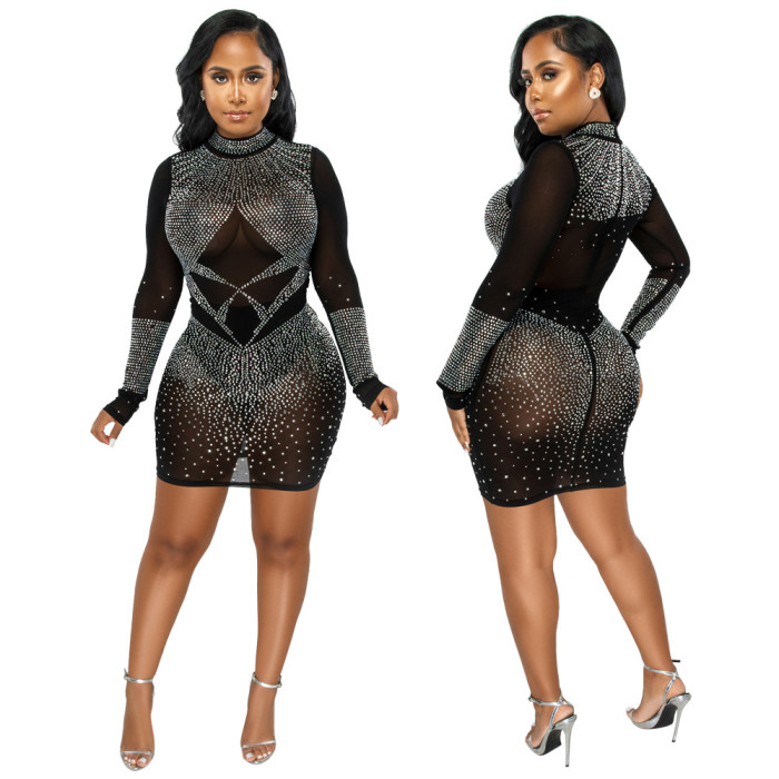 Sexy long-sleeved see-through beaded bodycon Slimming Dress Without Panties