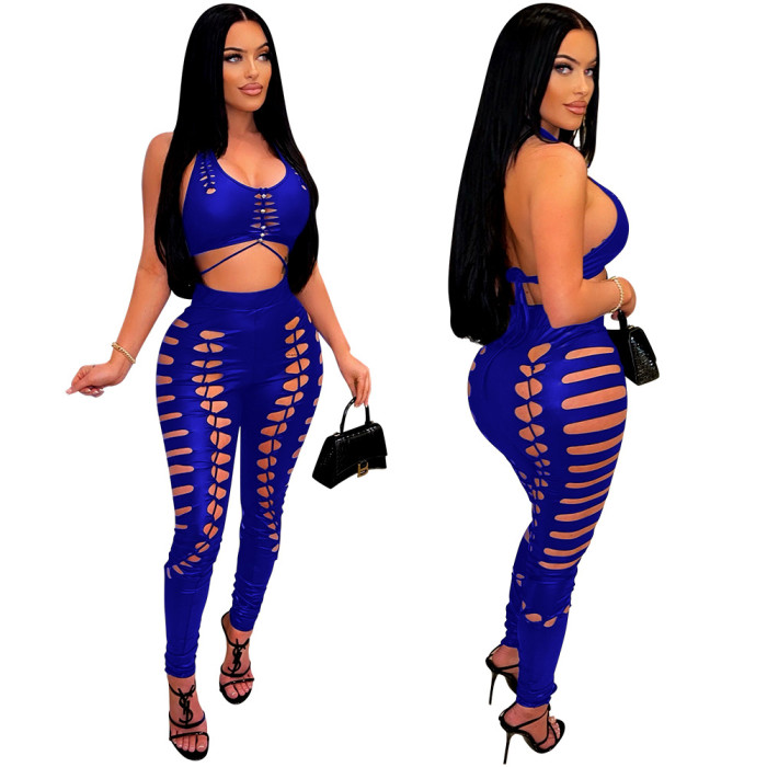 fashion Sexy Wrap Chest Hollow Solid Color Personality Nightclub Hot Tight Suit 